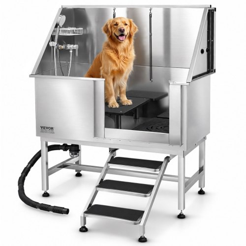 VEVOR vaskestasjon for hund i rustfritt stål, 127 cm stellekar med trapp, PE-vannfilterplate, kran og dusjhode og såpeholder. Hundebadekar for store, mellomstore og små kjæledyr (høyre dør)