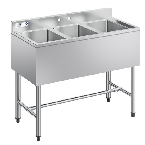 VEVOR 3-roms vask, 18-gauge 304 rustfritt stål, 254 x 356 x 254 mm kummestørrelse, 3-roms kommersiell underbar vask med bakplate og effektiv drenering for kjøkken, restauranter, matvogner og hjemmebruk