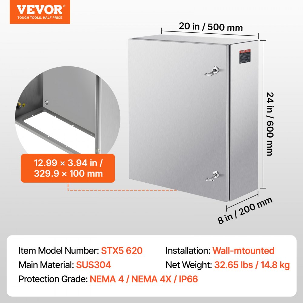 VEVOR Steel Electrical Box, 60x50x20 cm, 304 Stainless Steel Electrical Enclosure Box, Wall-Mounted Outdoor Electrical Electronic Equipment Enclosure with Mounting Plate Hinges Lock, IP66 Waterproof