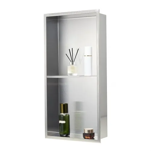 VEVOR Dusjnisje, 33,0 x 63,5 x 10,2 cm Innfelt veggnisje, dobbeltlags, med uthulet skillevegg, kraftig oppbevaringsarrangør i rustfritt stål, moderne sjampo, vanntett, sølvfarget for baderom