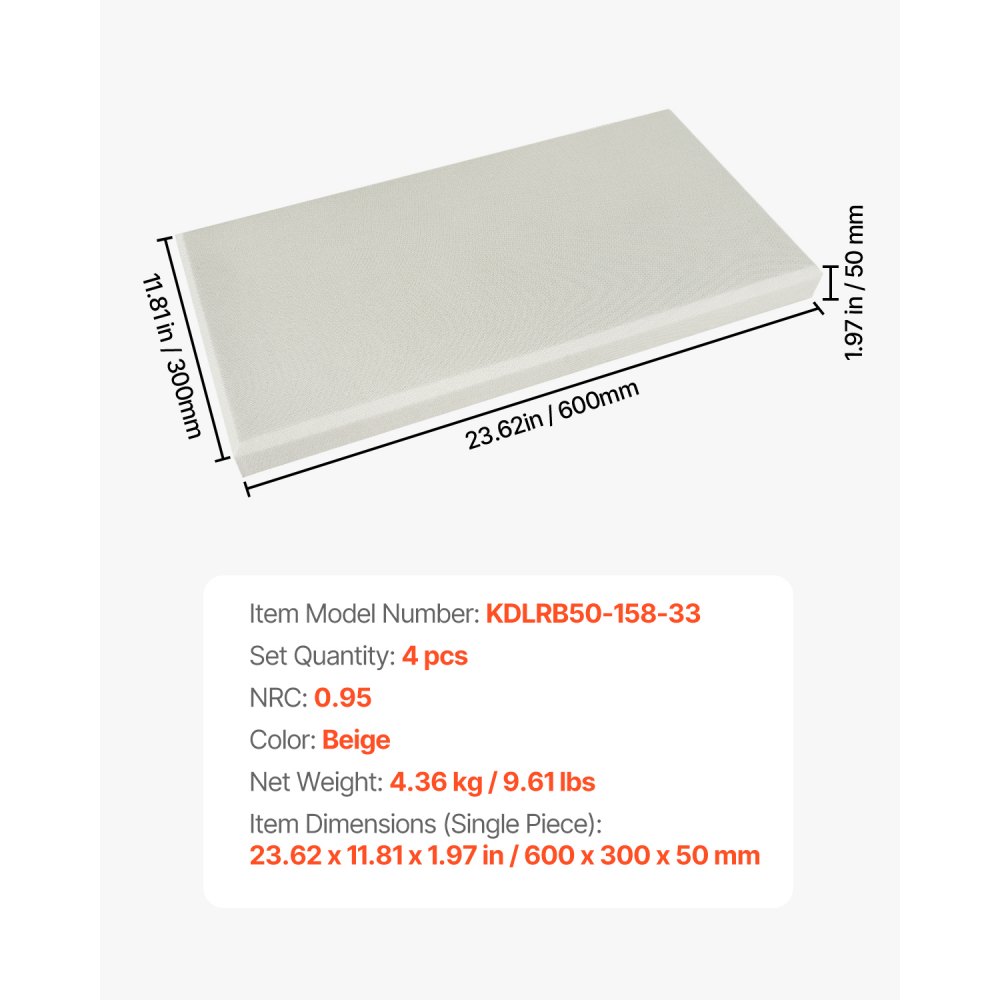 VEVOR 4 stk. akustiske paneler, 2 tommer tykke 23,6 x 11,8 tommer lydabsorberende paneler i glassfiber, selvklebende lydisolerte veggplater, for studioer, kontor, hjemmekino, møterom, beige