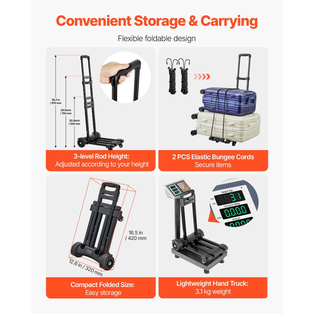 VEVOR sammenleggbar håndtralle, 131,5 kg lastekapasitet, sammenleggbar bagasjevogn med 4 hjul, 2 elastiske tau og utvidbar base, plattformvogn for flyplassreiser, kontorflytting, svart