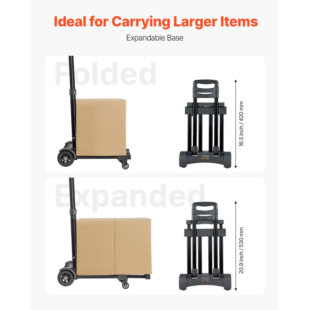 VEVOR sammenleggbar håndtralle, 131,5 kg lastekapasitet, sammenleggbar bagasjevogn med 4 hjul, 2 elastiske tau og utvidbar base, plattformvogn for flyplassreiser, kontorflytting, svart