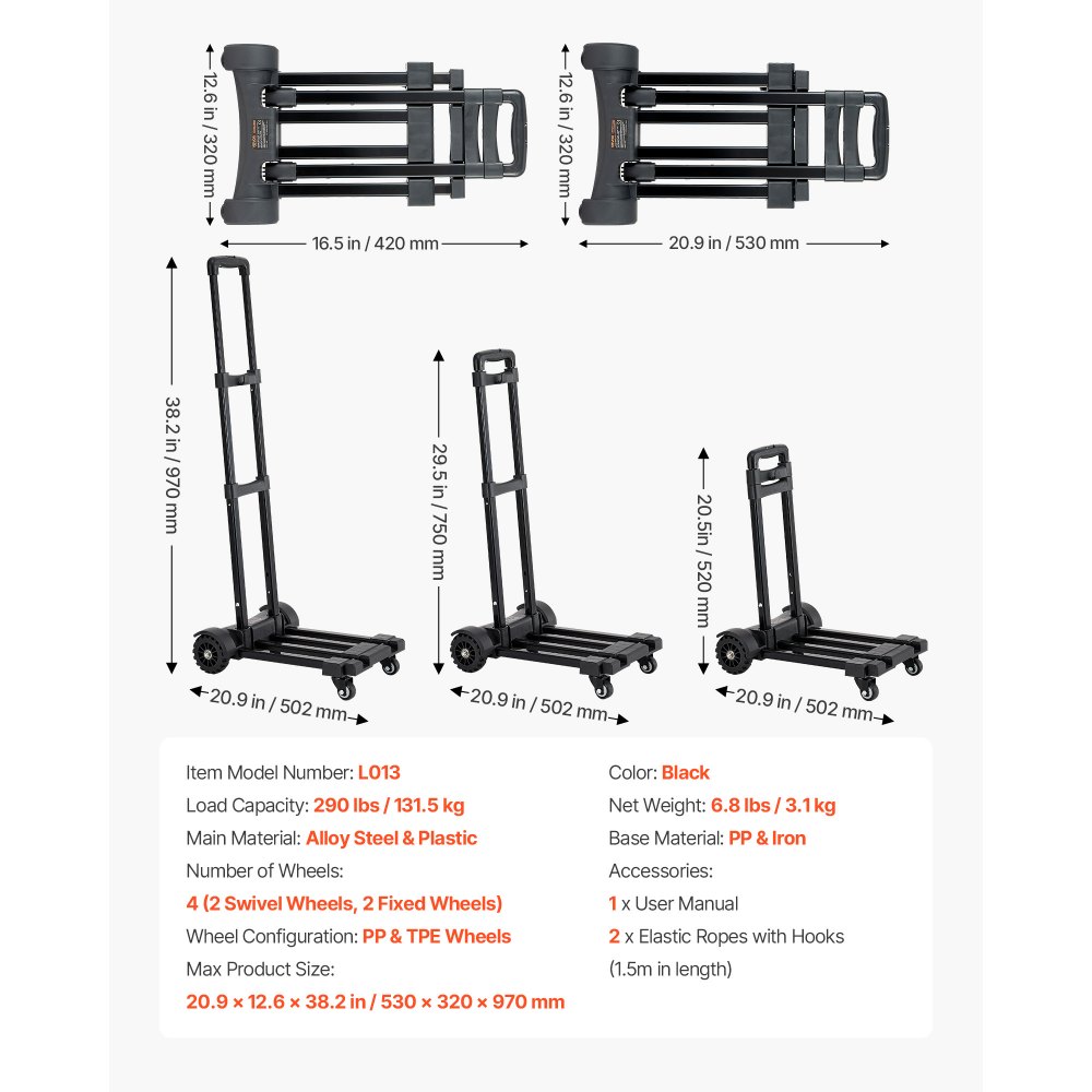 VEVOR sammenleggbar håndtralle, 131,5 kg lastekapasitet, sammenleggbar bagasjevogn med 4 hjul, 2 elastiske tau og utvidbar base, plattformvogn for flyplassreiser, kontorflytting, svart