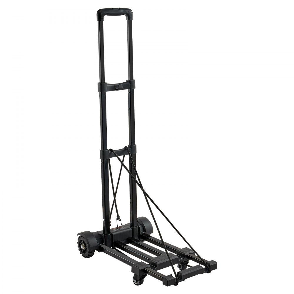 VEVOR sammenleggbar håndtralle, 131,5 kg lastekapasitet, sammenleggbar bagasjevogn med 4 hjul, 2 elastiske tau og utvidbar base, plattformvogn for flyplassreiser, kontorflytting, svart