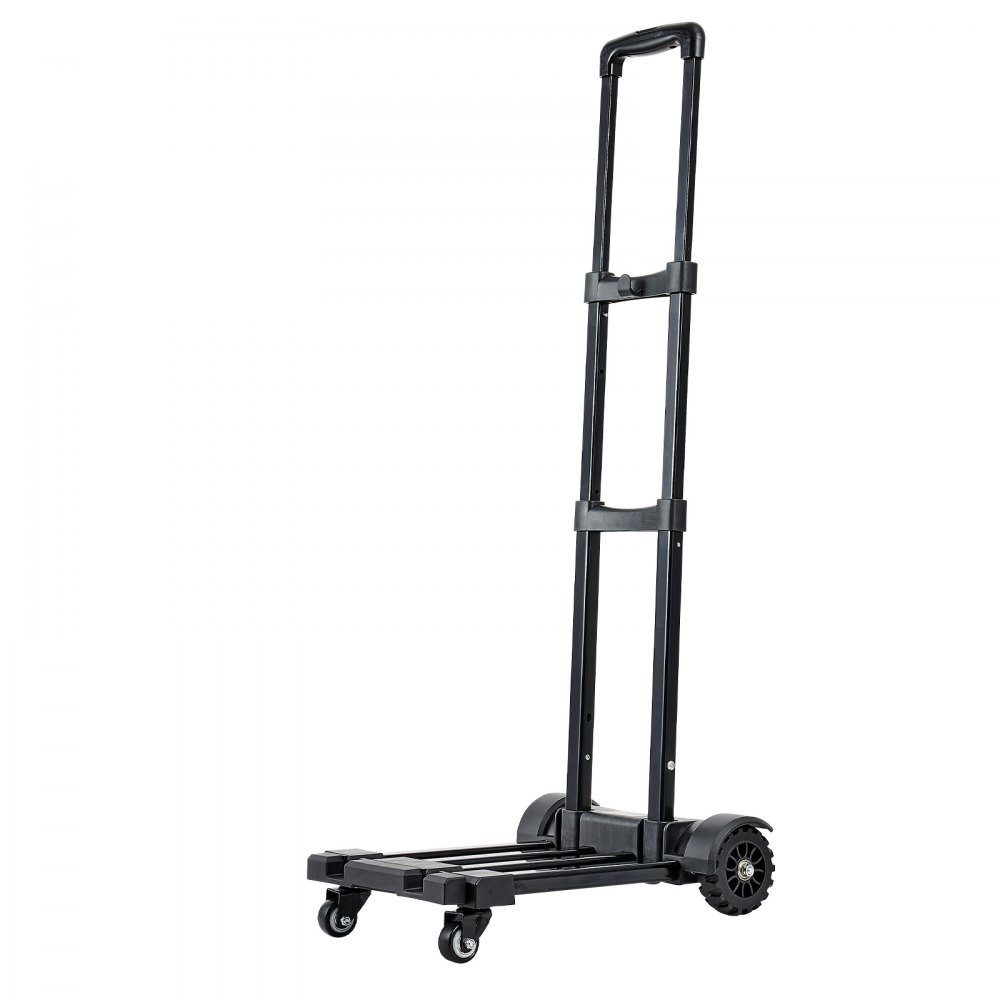 VEVOR sammenleggbar håndtralle, 131,5 kg lastekapasitet, sammenleggbar bagasjevogn med 4 hjul, 2 elastiske tau og utvidbar base, plattformvogn for flyplassreiser, kontorflytting, svart