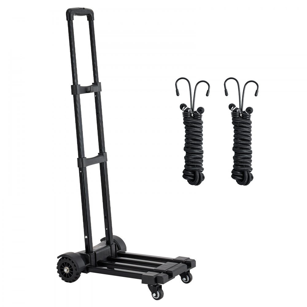VEVOR sammenleggbar håndtralle, 131,5 kg lastekapasitet, sammenleggbar bagasjevogn med 4 hjul, 2 elastiske tau og utvidbar base, plattformvogn for flyplassreiser, kontorflytting, svart