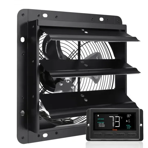 VEVOR avtrekksvifte med lukkemekanisme, 254 mm med temperatur- og fuktighetskontroller, EC-motor, 843 CFM, justerbar veggmontert loftsvifte med variabel hastighet, ventilasjon og kjøling for drivhus, garasjer, skur