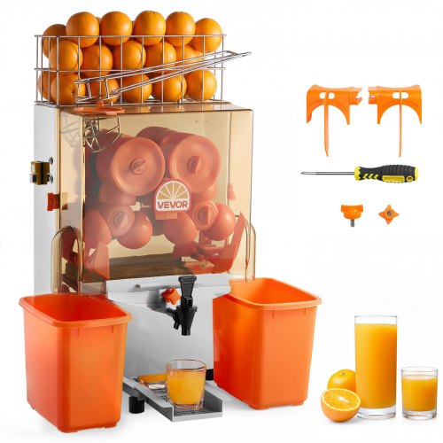 VEVOR kommersiell appelsinjuicer, 120 W elektrisk appelsinjuicepresse, appelsinpresse i rustfritt stål for 20 appelsiner per minutt, sitron-sitrus-granatepleekstraktor med vannkran, bøtte for oppsamling av skall