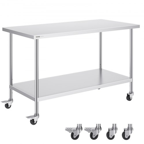 VEVOR arbeidsbord i rustfritt stål 30 x 60 x 38 tommer, med 4 hjul, 3 justerbare høydenivåer, kraftig arbeidsbord for matlaging for storkjøkken, restaurant, sølvfarget