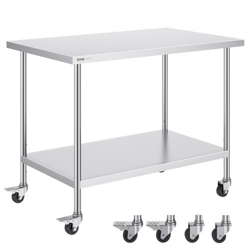 VEVOR arbeidsbord i rustfritt stål 30 x 48 x 38 tommer, med 4 hjul, 3 justerbare høydenivåer, kraftig arbeidsbord for matlaging for storkjøkken, restaurant, sølv