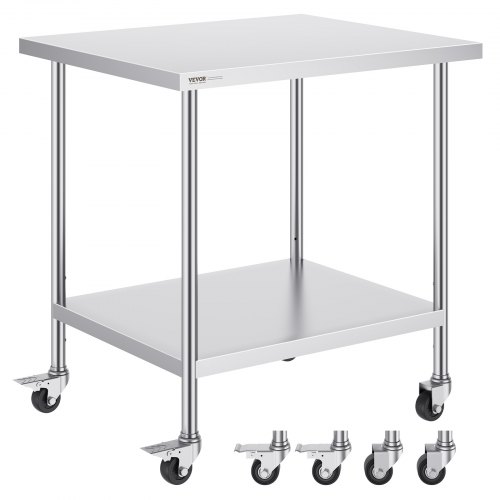 VEVOR arbeidsbord i rustfritt stål 30 x 18 x 38 tommer, med 4 hjul, 3 justerbare høydenivåer, kraftig arbeidsbord for matlaging for storkjøkken, restaurant, sølvfarget