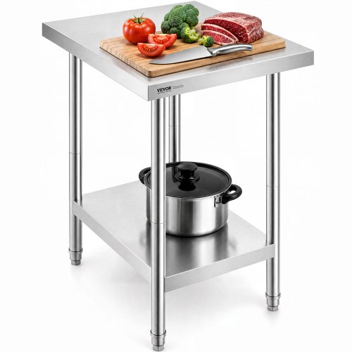 VEVOR forberedelsesbord i rustfritt stål, 24 x 18 x 34 tommer, kraftig metallarbeidsbord med 3 justerbare høydenivåer, kommersiell arbeidsstasjon for kjøkken, garasje, restaurant, bakgård