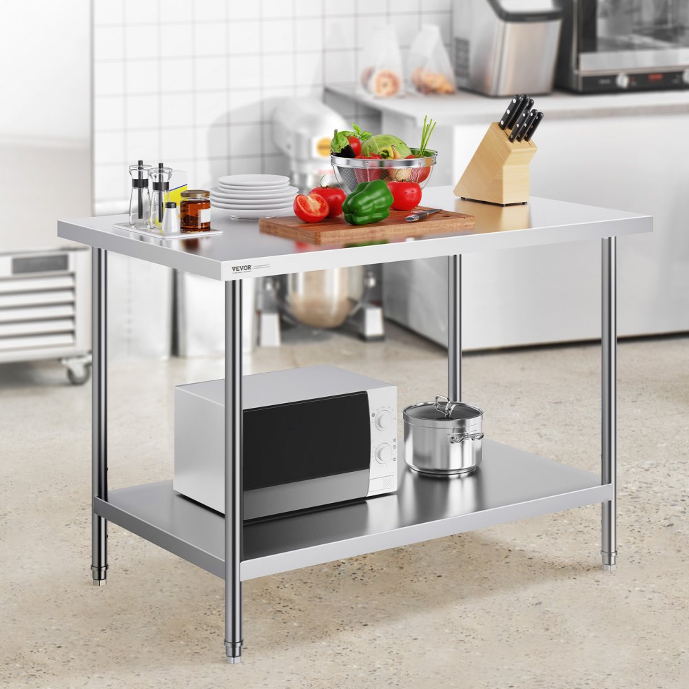 VEVOR forberedelsesbord i rustfritt stål, 30 x 48 x 34 tommer, kraftig metallarbeidsbord med 3 justerbare høydenivåer, kommersiell arbeidsstasjon for kjøkken, garasje, restaurant, bakgård
