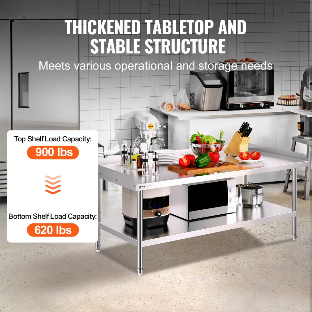 VEVOR arbeidsbord i rustfritt stål, 30 x 60 x 26 tommer kommersielt arbeidsbord for matlaging, 3-sidig bakplate kraftig arbeidsbord for matlaging, arbeidsbord i metall for restaurant, hjem, hotell