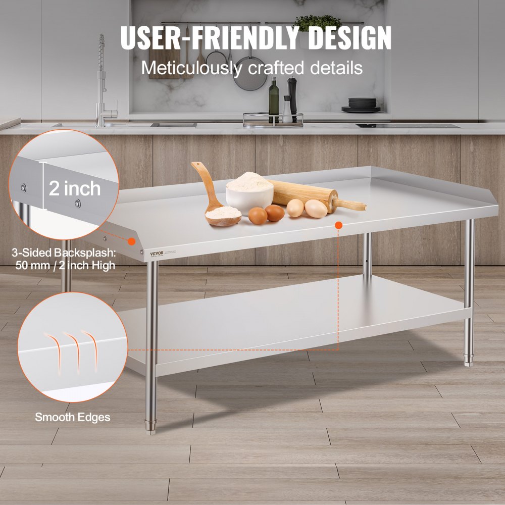 VEVOR arbeidsbord i rustfritt stål, 30 x 60 x 26 tommer kommersielt arbeidsbord for matlaging, 3-sidig bakplate kraftig arbeidsbord for matlaging, arbeidsbord i metall for restaurant, hjem, hotell