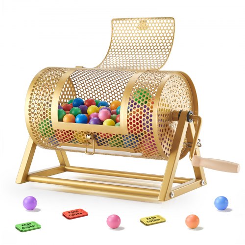 VEVOR loddsnurr, 295 x 167 mm, rommer 2500 lodd eller 100 pingpongballer, loddtrommebur med forsterket håndtak, stabilt trekantet stativ, for arrangementer og sammenkomster, gull