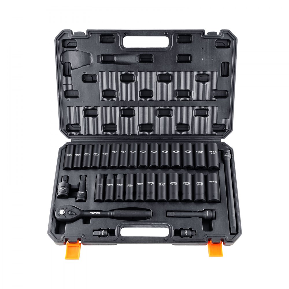VEVOR 1/2" slagpipenøkkelsett, 33-delers pipenøkkelsett SAE 3/8"-1" og metrisk 10-24 mm, 6-kantet Cr-V-legert stål for bilreparasjon, lettleste størrelsesmarkeringer, robust konstruksjon, inkluderer oppbevaringsetui