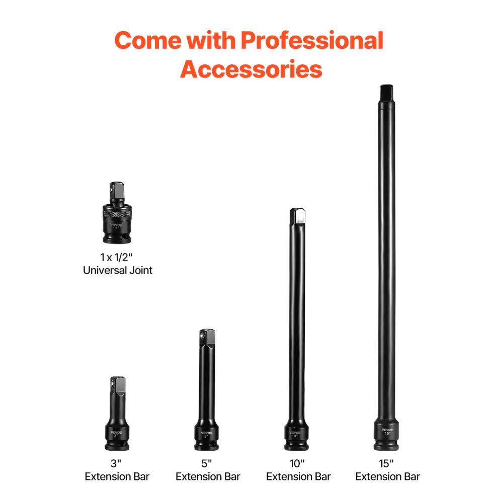 VEVOR Kraftpipenøkkelsett 1/2 tommer 43-delers kraftpipenøkkelsett, standard pipesortiment, 1/2 tommer pipesett med 6-punkts piper metrisk 9-30 mm (standard/dyp)