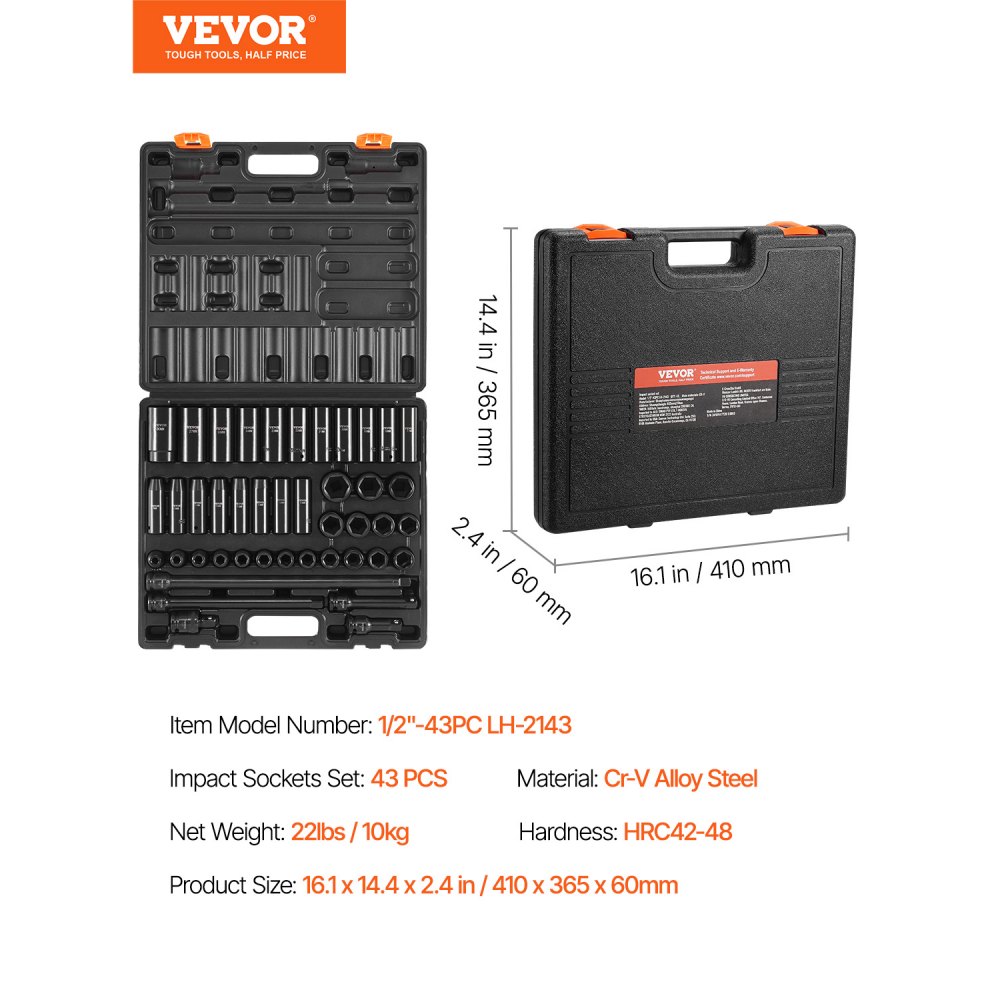 VEVOR Kraftpipenøkkelsett 1/2 tommer 43-delers kraftpipenøkkelsett, standard pipesortiment, 1/2 tommer pipesett med 6-punkts piper metrisk 9-30 mm (standard/dyp)