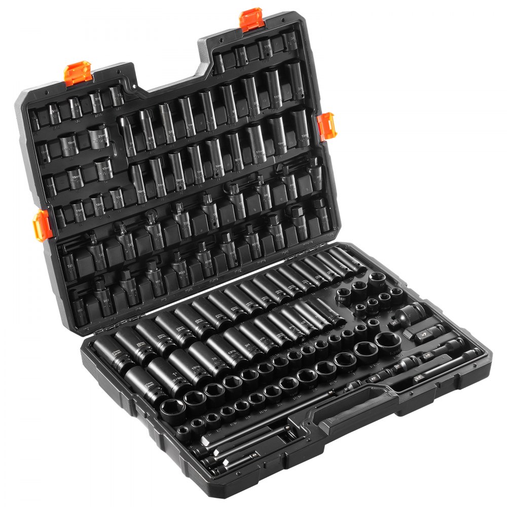 VEVOR Impact Socket Set 130 Piece 3/8" & 1/2" - SAE & Metric Drive Socket Set - 6 Point Cr-Mo Alloy Steel for Auto Repair - Easy-to-Read Size Markings - Includes Storage Case
