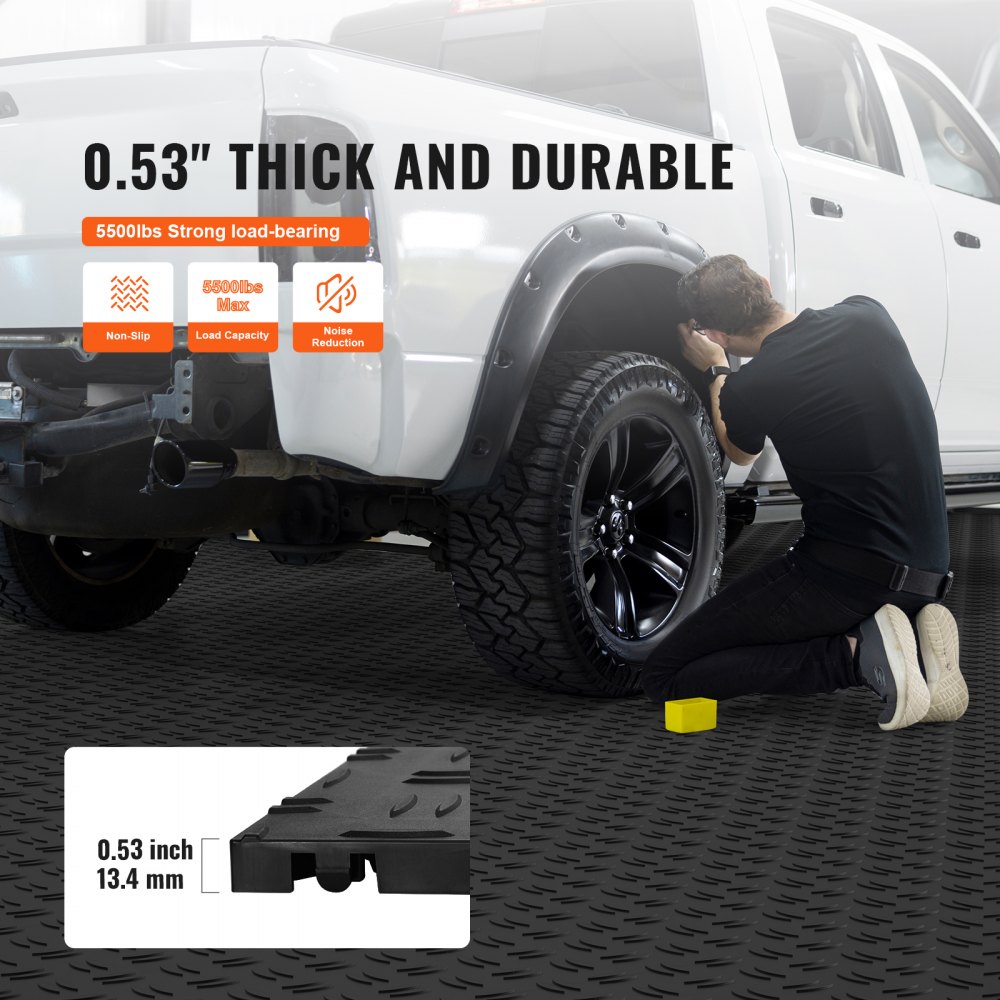 VEVOR Garage Tiles Interlocking, 12 x 12 x 0.53 inch 25 Pack Garage Floor Covering Tiles, Non-Slip Double-Sided Texture Garage Flooring Tiles, for Garages, Basements, Repair Shops, Black