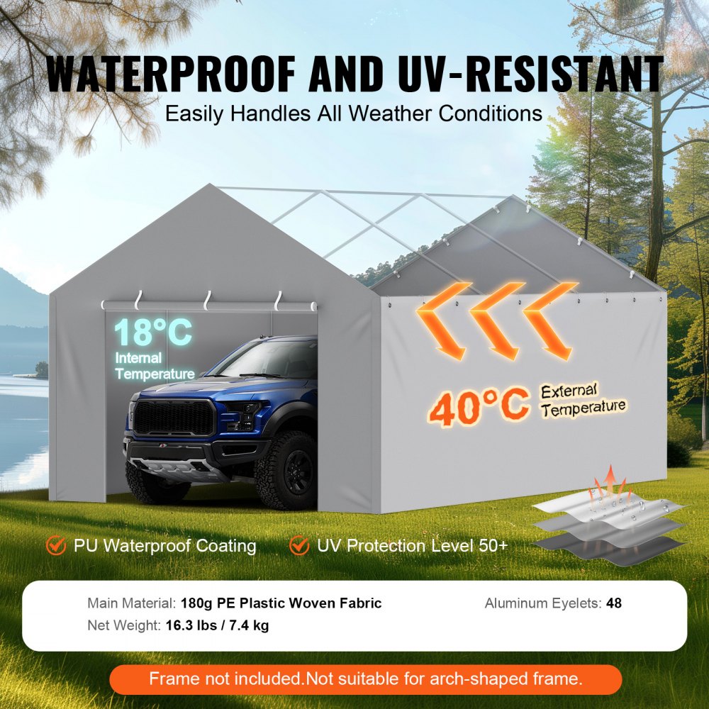 VEVOR Carport Replacement Canopy Cover Side Wall 12 x 20 ft, Garage Tent Shelter Tarp Heavy-Duty Waterproof & UV Protected, Easy Installation with Ball Bungees,Grey (Top and Frame Not Included)