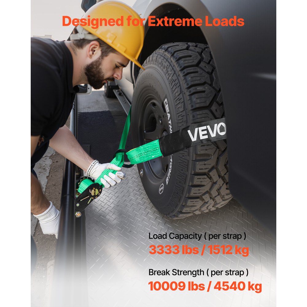 VEVOR Wheel Chock Tie-Down Kit, Tire-Style Tow Dolly Strap, Car Tie Down Kit with Heavy-Duty Hook, Break Strength 4540 kg & Working Load 1512 kg Motorcycle Tie-Down System with O-Ring for ATV, SUV