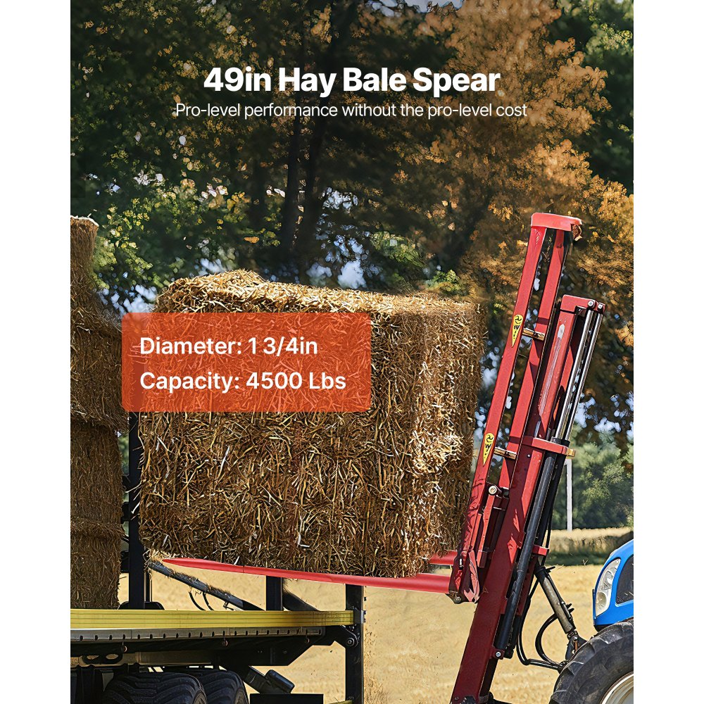 VEVOR Høyspyd 49" ballespyd 4500 lbs kapasitet, ballespyd hurtigfeste firkantede høyballespyd 1 3/4" brede, rødlakkerte ballegafler, ballehøyspyd med sekskantmutter og hylse for skuffer, traktorer, lastere