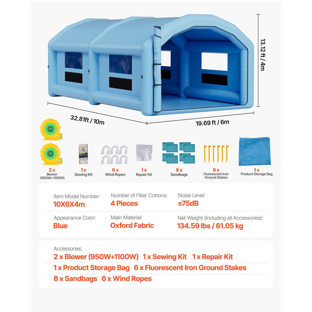 VEVOR Inflatable Paint Booth, 10 x 6 x 4 m, Inflatable Spray Booth with 950W and 1100W Blowers and Air Filter System, Round Roof, for Painting Car, Truck, Furniture, and Automotive Sheet Metal