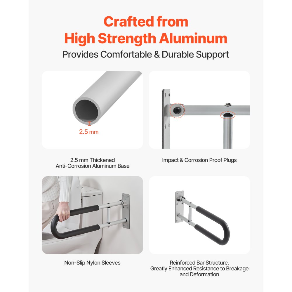 VEVOR Toilet Safety Rail, 23.8 Inch U-Shaped Handicap Grab Bar, Foldable Senior Safety Pole, Flip Up Toilet Grab Bar with Anti-Slip Support Handle, 300 Lb Load Capacity for Elderly, Disabled, Pregnant