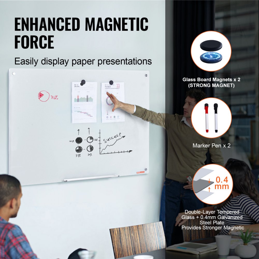 VEVOR Magnetic Glass Whiteboard, Dry Erase Board 1200 x 800 mm, Veggmontert stor hvit glassplate uten ramme, med markeringsbrett, viskelær og 2 markører, hvit