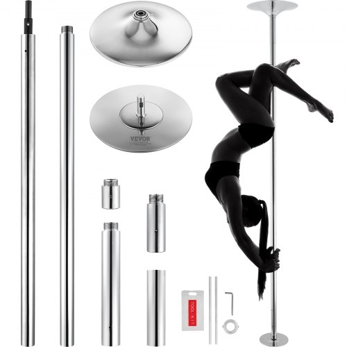 VEVOR Profesjonell Dansestang, Spinnende Statisk Dansestangsett, Bærbar Avtakbar Stang, 45 mm Kraftig Stang i Rustfritt Stål, Høydejusterbar Fitnessstang, For Trening Hjemmeklubb Gym, Sølv