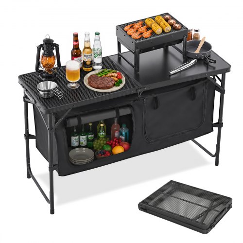 VEVOR Camping kjøkkenbord, sammenleggbart utendørs kokebord, 3 justerbare høyder, lettvekts bærbar kokestasjon i aluminium med oppbevaringsorganisator, bærehåndtak, for grillfest, piknik, bobilreise, svart