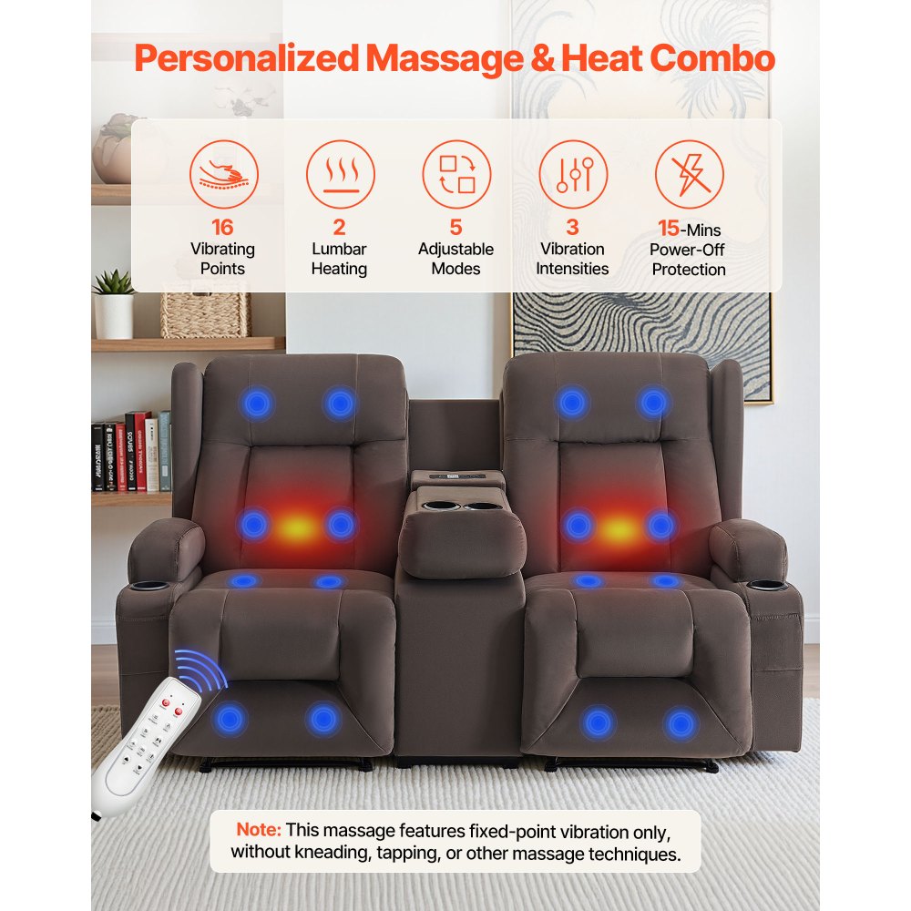 VEVOR Loveseat lenestol, elektrisk lenestol med oppvarming og massasje, elektrisk lenestol i semsket skinn med midtkonsoll, USB-porter, koppholdere og sidevesker, dobbel loveseat-stol til stue