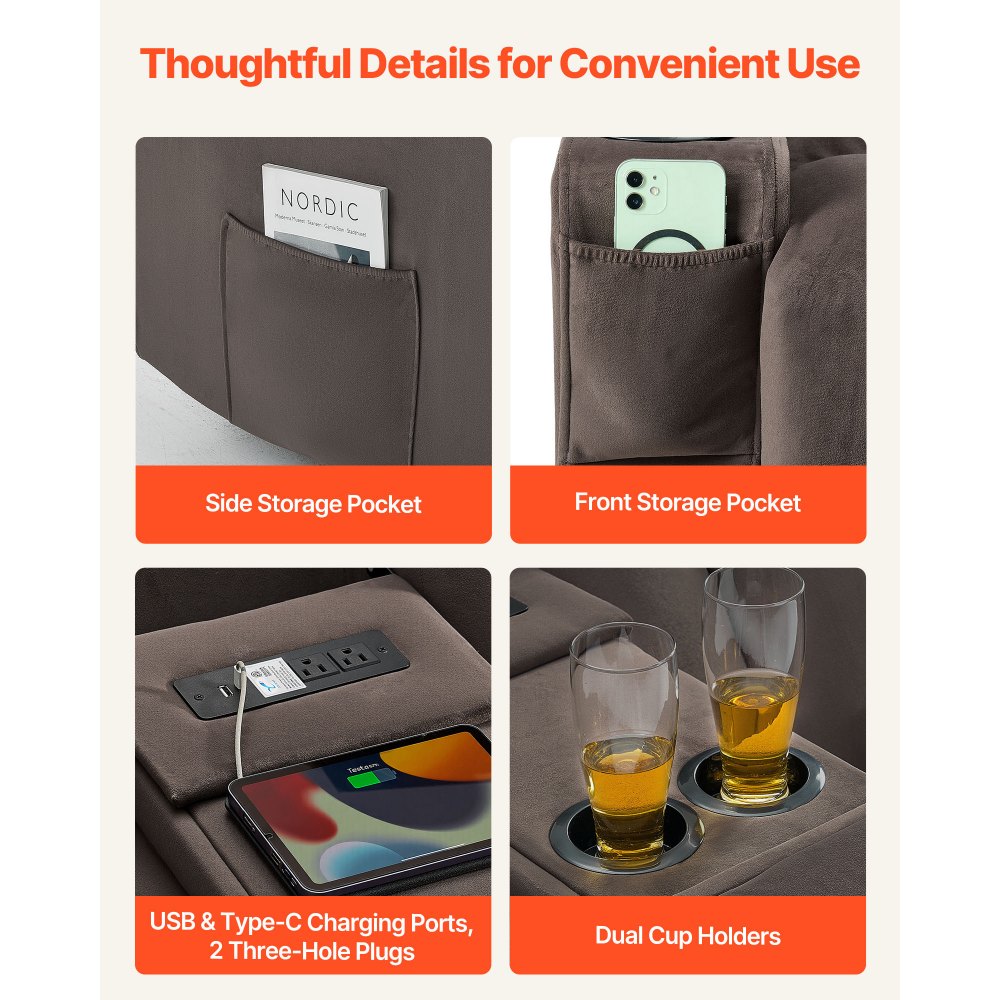 VEVOR Loveseat lenestol, elektrisk lenestol med oppvarming og massasje, elektrisk lenestol i semsket skinn med midtkonsoll, USB-porter, koppholdere og sidevesker, dobbel loveseat-stol til stue