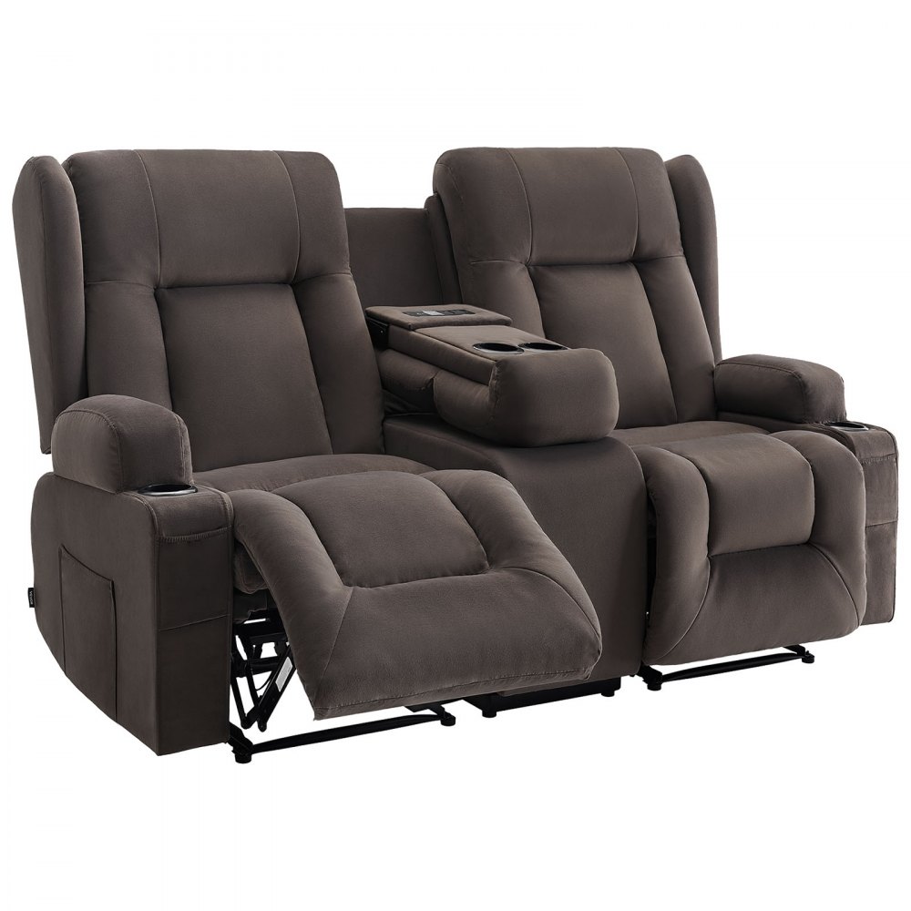 VEVOR Loveseat lenestol, elektrisk lenestol med oppvarming og massasje, elektrisk lenestol i semsket skinn med midtkonsoll, USB-porter, koppholdere og sidevesker, dobbel loveseat-stol til stue