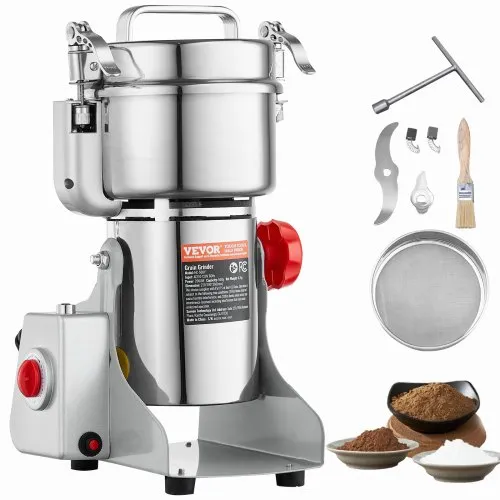 VEVOR 500g elektrisk kornmøllekvern, høyhastighets 2000W kommersielle krydderkverner, pulvermaskin i rustfritt stål, for tørre korn, krydder, frokostblandinger, kaffe, mais, pepper, svingtype