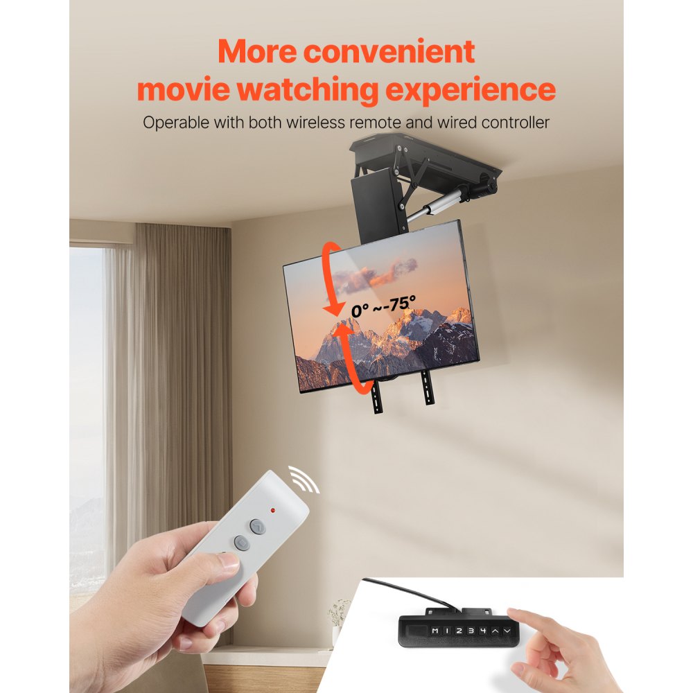 VEVOR motorisert takmontering for TV, TV-veggfeste for 32 til 70 tommers TV, elektrisk justerbart takmontering for TV, motorisert nedfellbar TV-monteringsbrakett med maks. VESA 24 x 24 tommer, passer til TV-er opptil 110 lbs