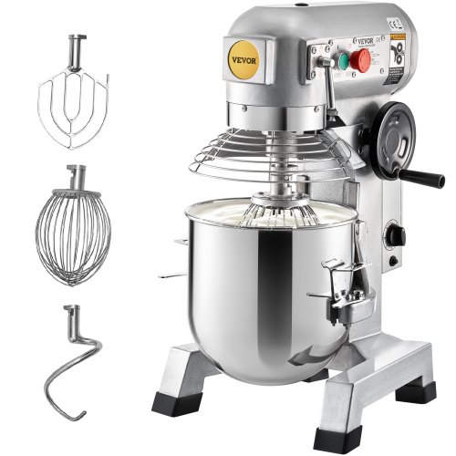 VEVOR kommersiell stativmikser, 15Qts skål i rustfritt stål, 850W kraftig elektrisk matmikser med 3 hastigheter justerbar 113/184/341 rpm, visp med deigkrok inkludert, perfekt for bakeripizzeria