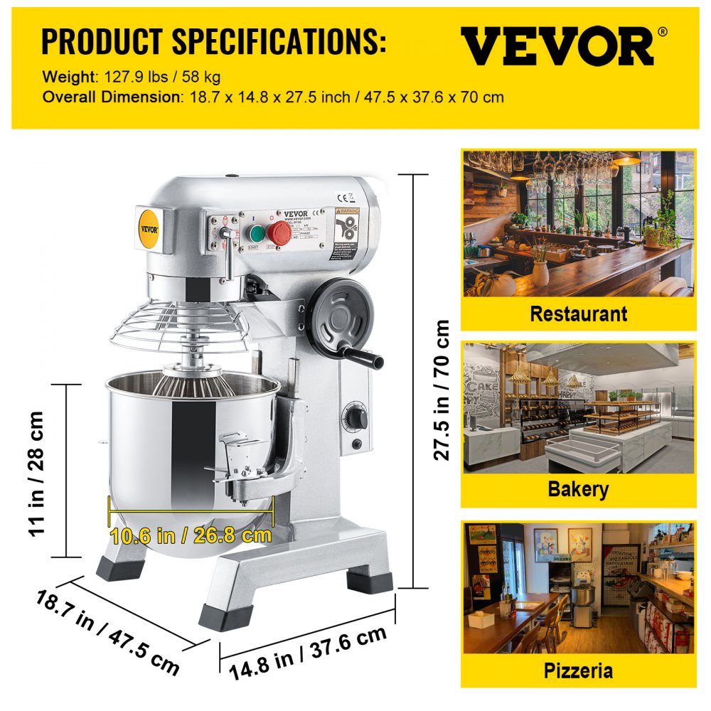 VEVOR kommersiell stativmikser, 15Qts skål i rustfritt stål, 850W kraftig elektrisk matmikser med 3 hastigheter justerbar 113/184/341 rpm, visp med deigkrok inkludert, perfekt for bakeripizzeria
