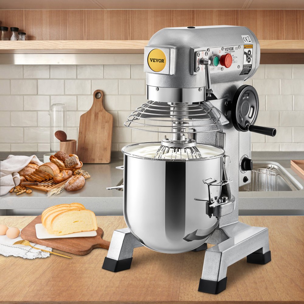 VEVOR kommersiell stativmikser, 15Qts skål i rustfritt stål, 850W kraftig elektrisk matmikser med 3 hastigheter justerbar 113/184/341 rpm, visp med deigkrok inkludert, perfekt for bakeripizzeria