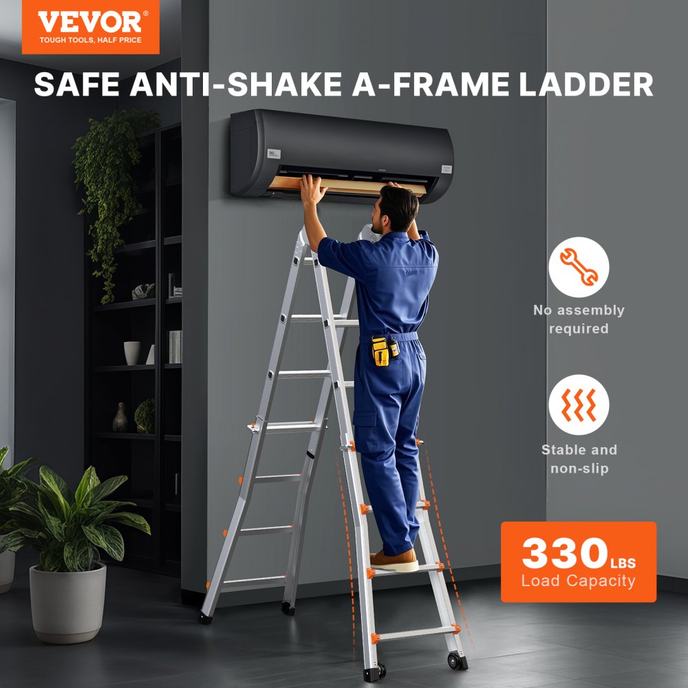 VEVOR Teleskopstige A-ramme, 15,5 fot kompakt forlengelsesstige i aluminium, multifunksjonell bærbar sammenleggbar bobilstige, teleskopstige for leksetrapper innendørs utendørs tak, 330 lb belastning