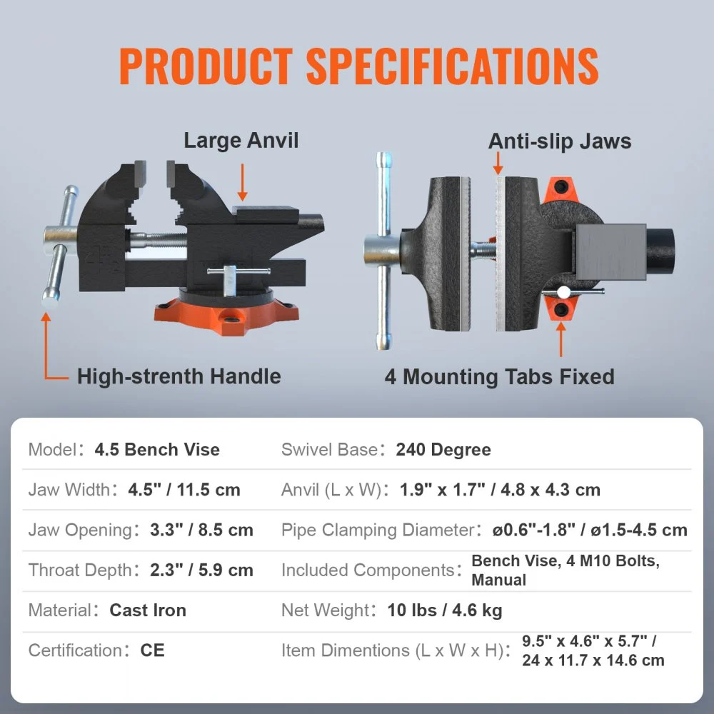 VEVOR benkskrustikke, 114 mm (4,5 tommer) kjevebredde 84 mm (3,3 tommer) kjeveåpning, 240-graders svingbar låsebase, flerbruksskrustikke med ambolt, kraftig støpejerns arbeidsbenkskrustikke med bolter og muttere, for boring, rørkutting