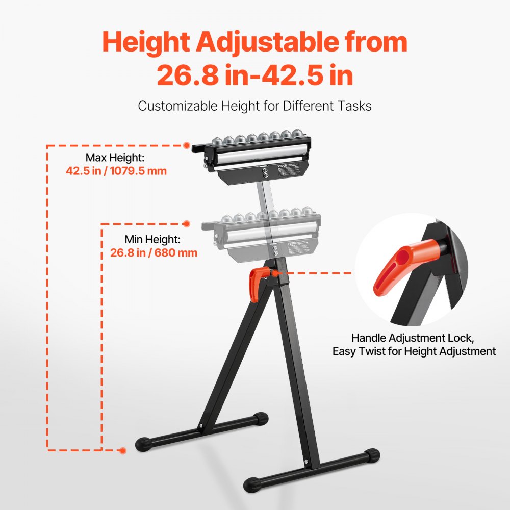 VEVOR rullestativ, 136 kg lastekapasitet, 68–108 cm justerbar høyde, sammenleggbar kraftig med 29,2 cm polert flerveis rullehode, for bordsagutmating for trebearbeiding, forlengelsesstøtte