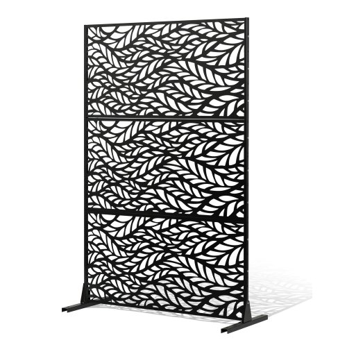 VEVOR Metallskjerm, 113 cm B x 183 cm H, Utendørsskjermer og paneler, Frittstående utendørs skillevegg med stativ, Dekorativt hagegjerde i stål med 3 paneler for balkong, terrasse, innendørsrom, svart