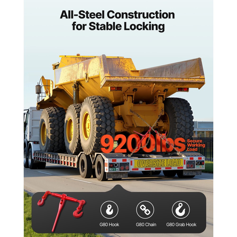 VEVOR Sperrekjedebinder, 10 mm x 3 m G80-kjeder, 4173 kg arbeidsbelastning med sperrelastbinder, kjetting- og bindesett, surrekjedebindere for transport, tauing, hogst, løfting