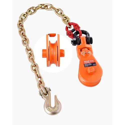 VEVOR 2-tonns fangblokk med G80-kjede, svingbar sjakkel, 3" skive for 3/8" ståltau, fangblokktrinse for tauing og berging på flatbed tauebil, tilbakerulling, riving av bil, kabel for bærende kjøretøy