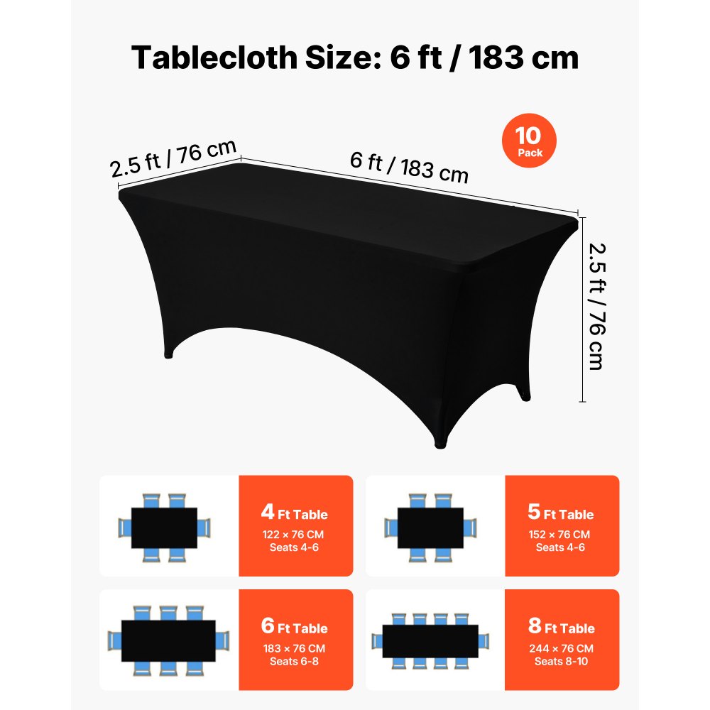 VEVOR 10-pakning duk til 1,8 meter rektangulært, tilpasset arrangementer, rynkebestandig, stretchig, svart bordduk, vaskbar spandex-dukbeskytter, til fest, bryllup, cocktail, bankett, festival