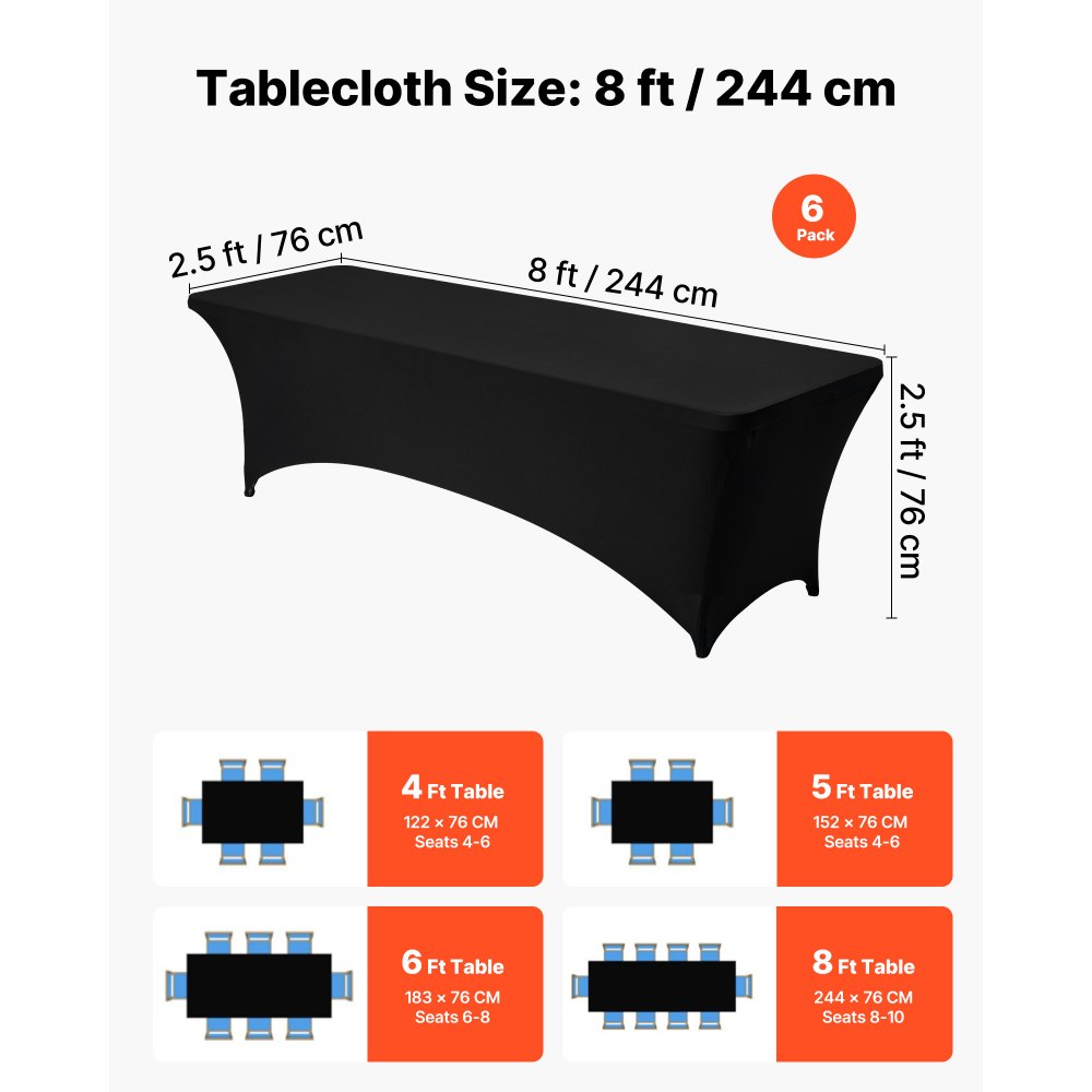 VEVOR 6-pakning duk til 2,4 meter rektangulært, tilpasset arrangementer, rynkebestandig, stretchig, svart bordduk, vaskbar spandex-dukbeskytter, til fest, bryllup, cocktail, bankett, festival